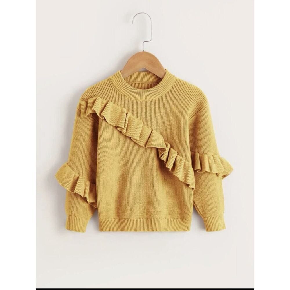 Toddler Baby Girl Mustard Yellow Ruffle Pullover Sweater Adorable Fall Cozy 2T